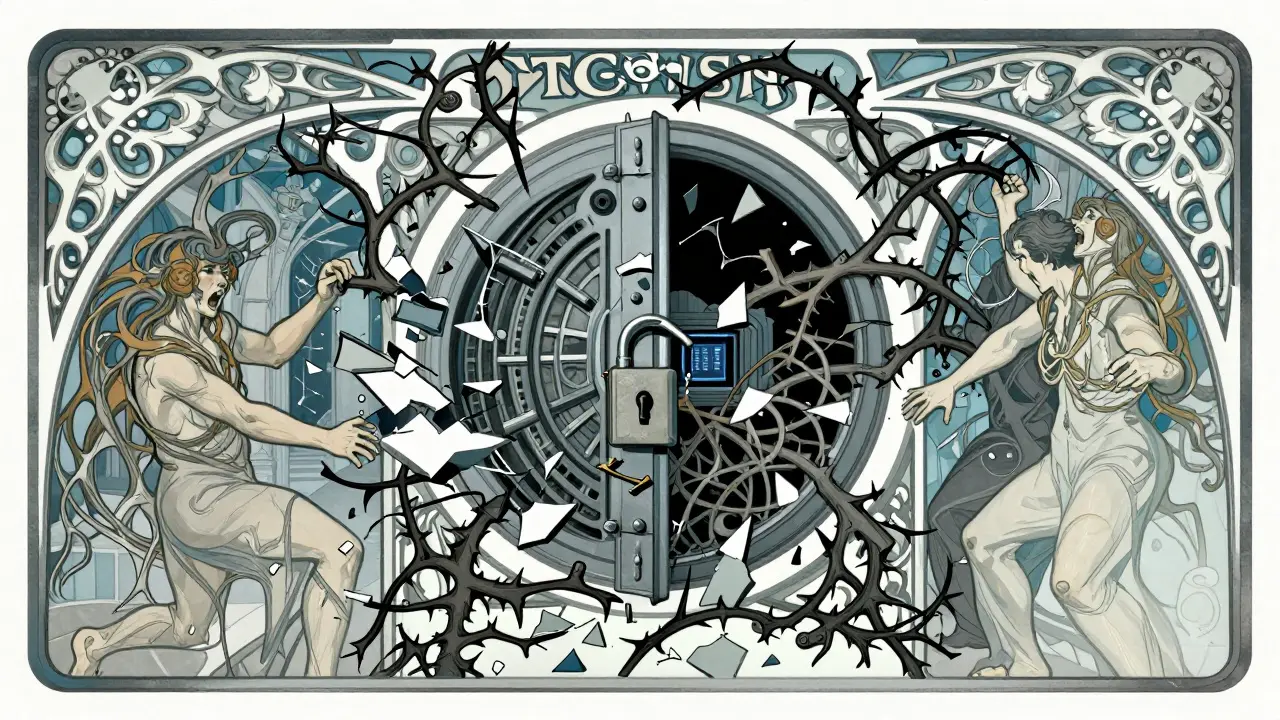 Marco Art Nouveau roto con enredaderas bloqueando acceso a fondos digitales