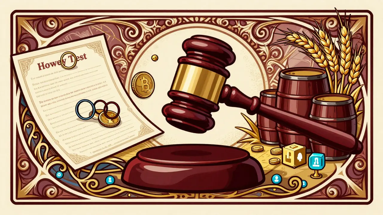 Martillo judicial rodeado de símbolos de valores y materias primas en estilo Art Nouveau.