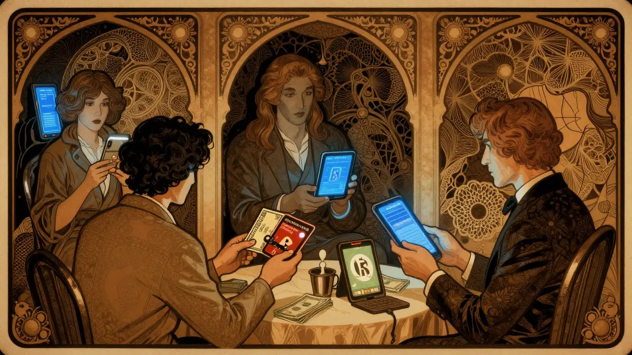 Mercado informal de cripto con tarjetas regalo en estilo ilustrativo