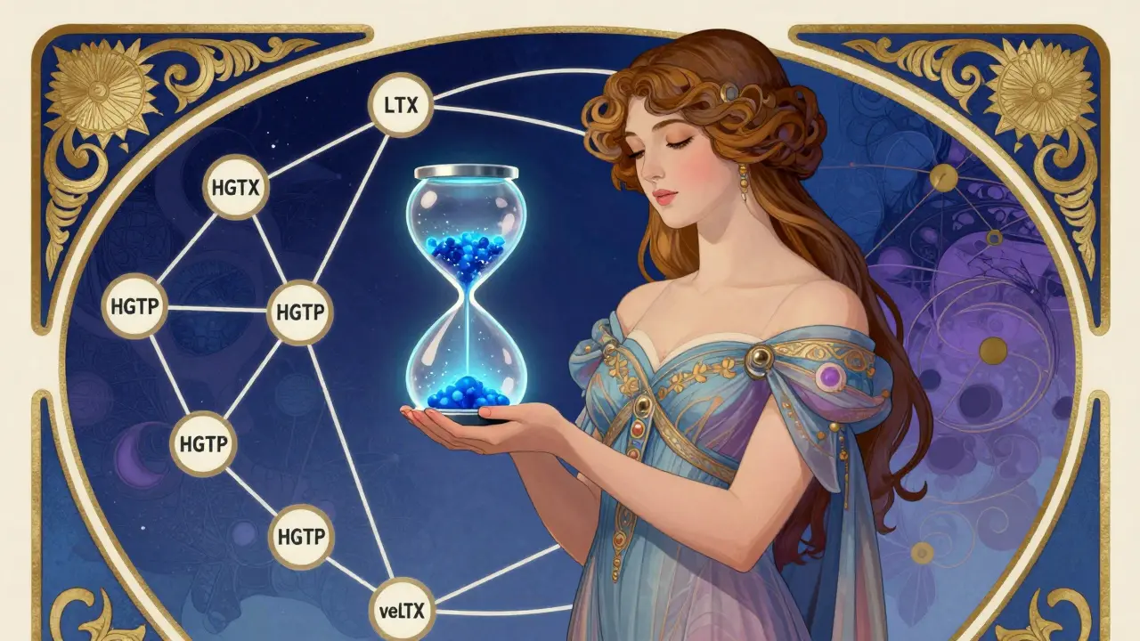 Mujer con reloj de arena y red de datos hipergráfica simbolizando gobernanza veLTX