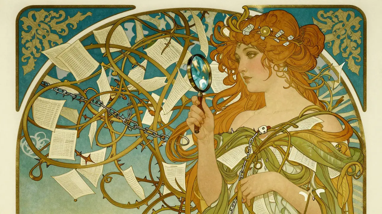 Mujer estilo Art Nouveau examina una red de enredaderas que oculta riesgos financieros invisibles