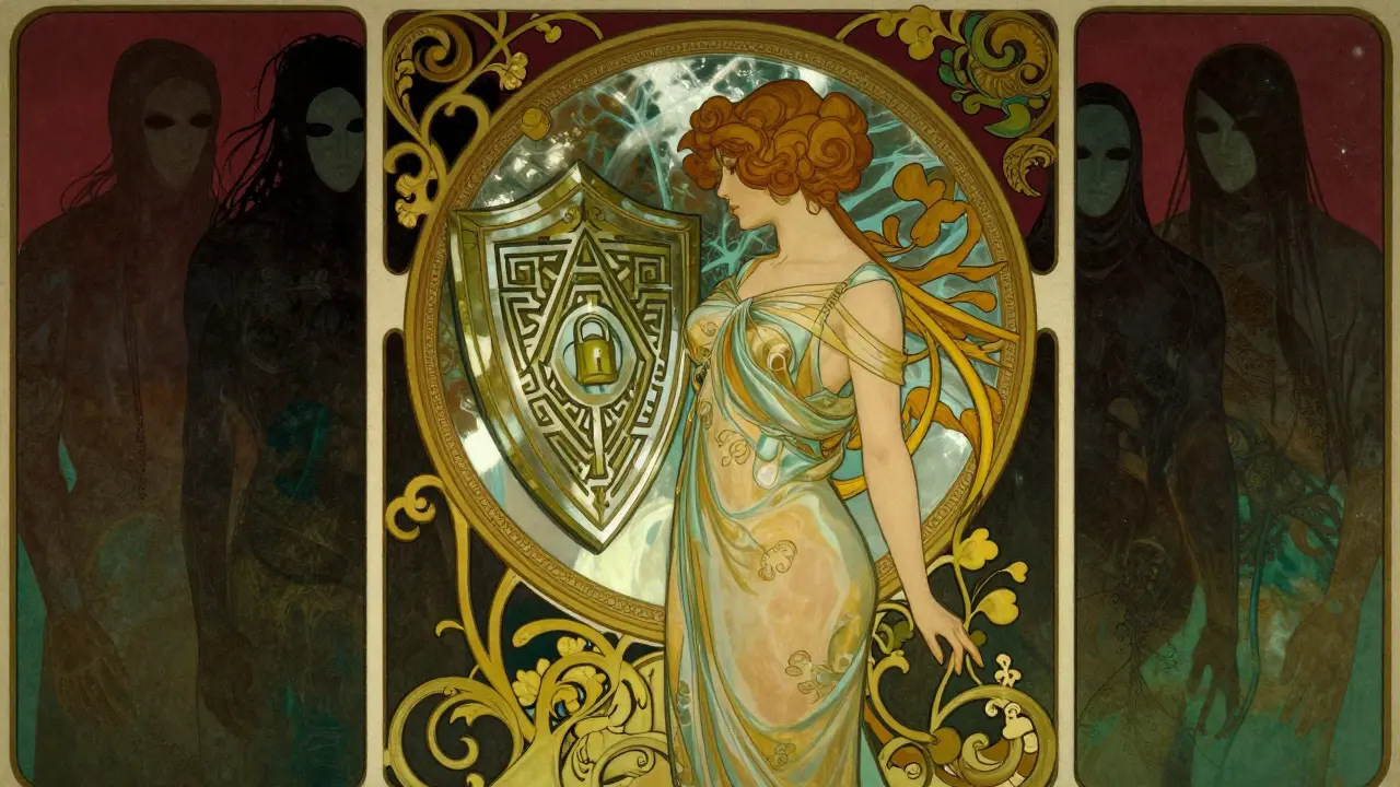 Mujer frente a un espejo mágico que muestra un escudo protector