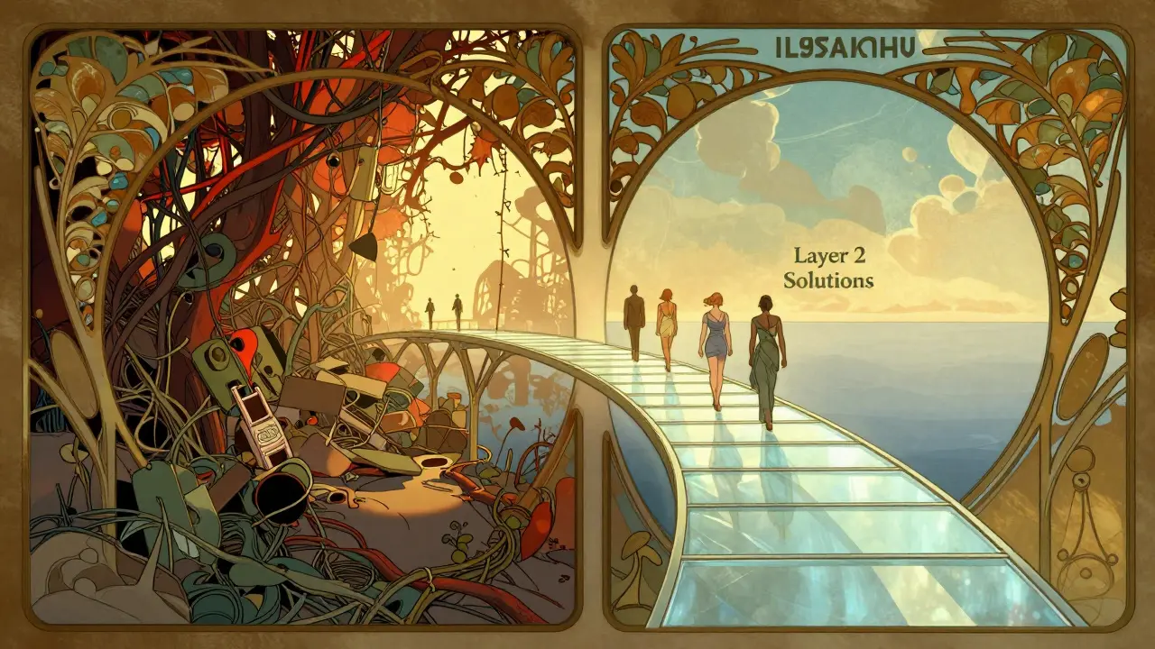 Puente luminoso vs camino congestionado en estilo Art Nouveau