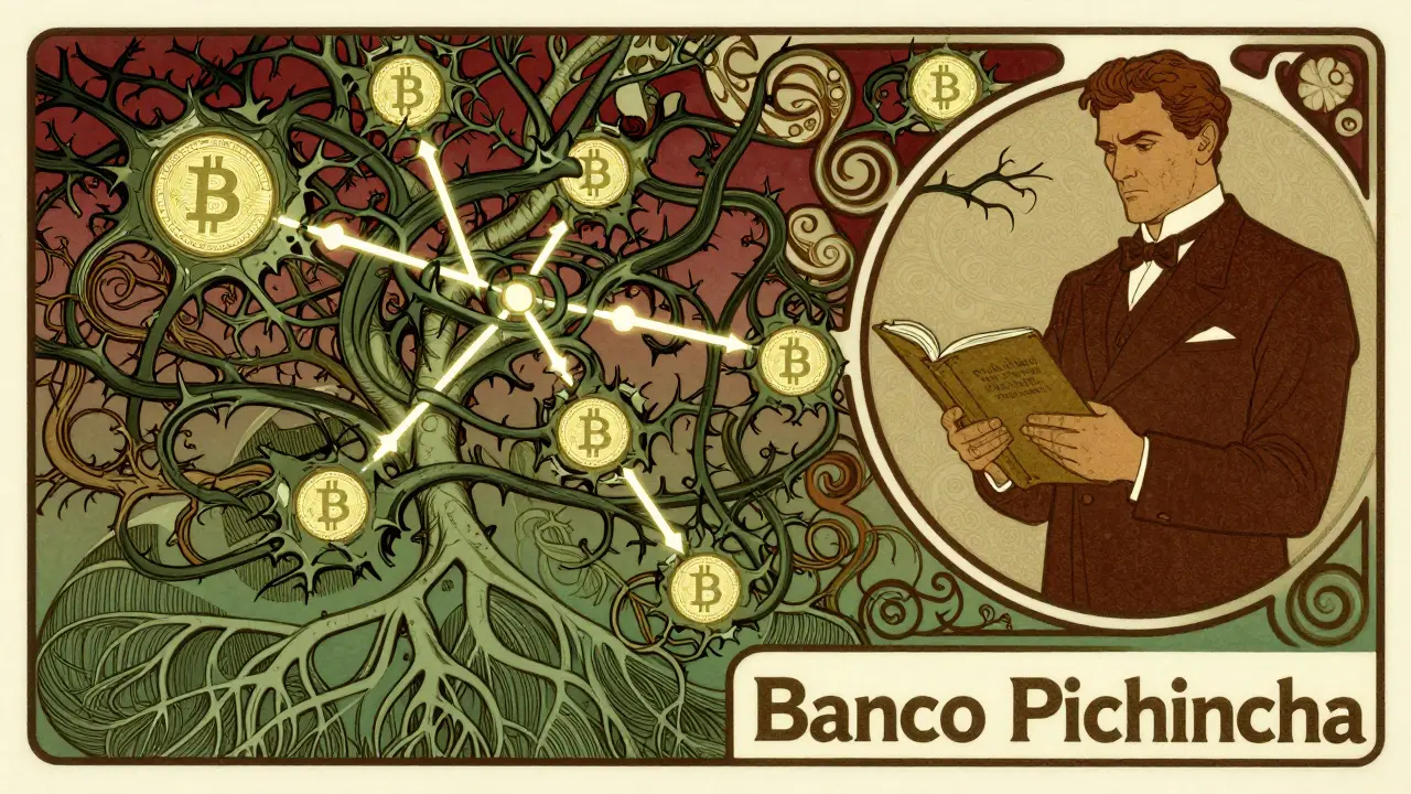 Redes bancarias bloqueando criptomonedas con diseño ornamentado