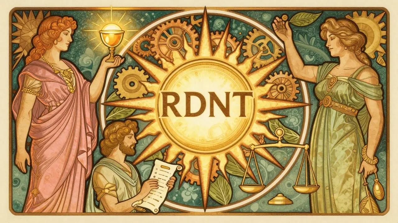 Sol radiante con engranajes y figuras simbolizando el ecosistema económico del token RDNT