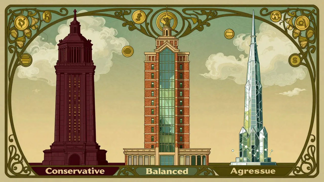 Tres torres estilizadas representando perfiles de inversión conservador, equilibrado y agresivo