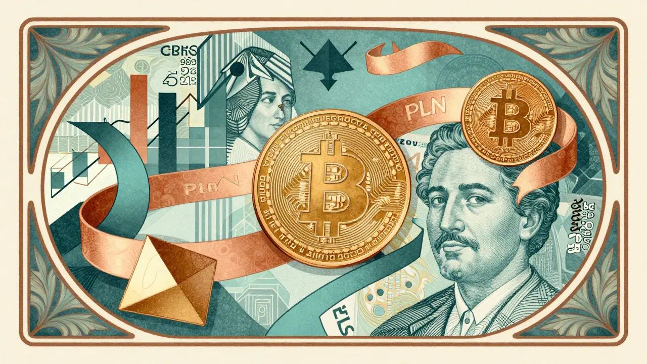 Arte decorativo mostrando la conversión directa de PLN a criptomonedas