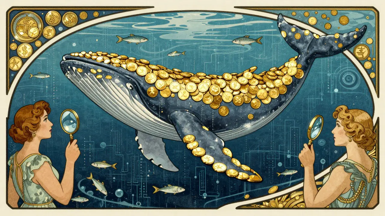 Ballena dorada simbólica rodeada de inversores observadores en ilustración vintage