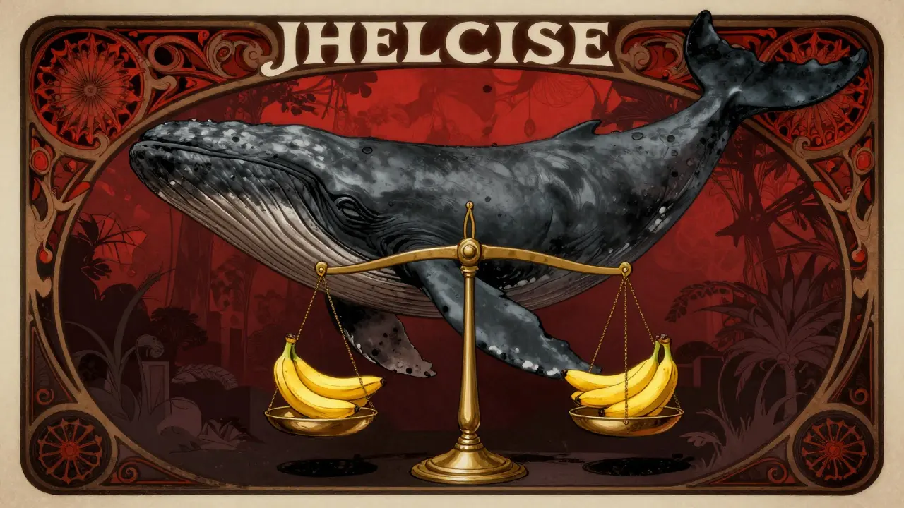 Ballena oscura sobre balanza inestable con plátanos dorados