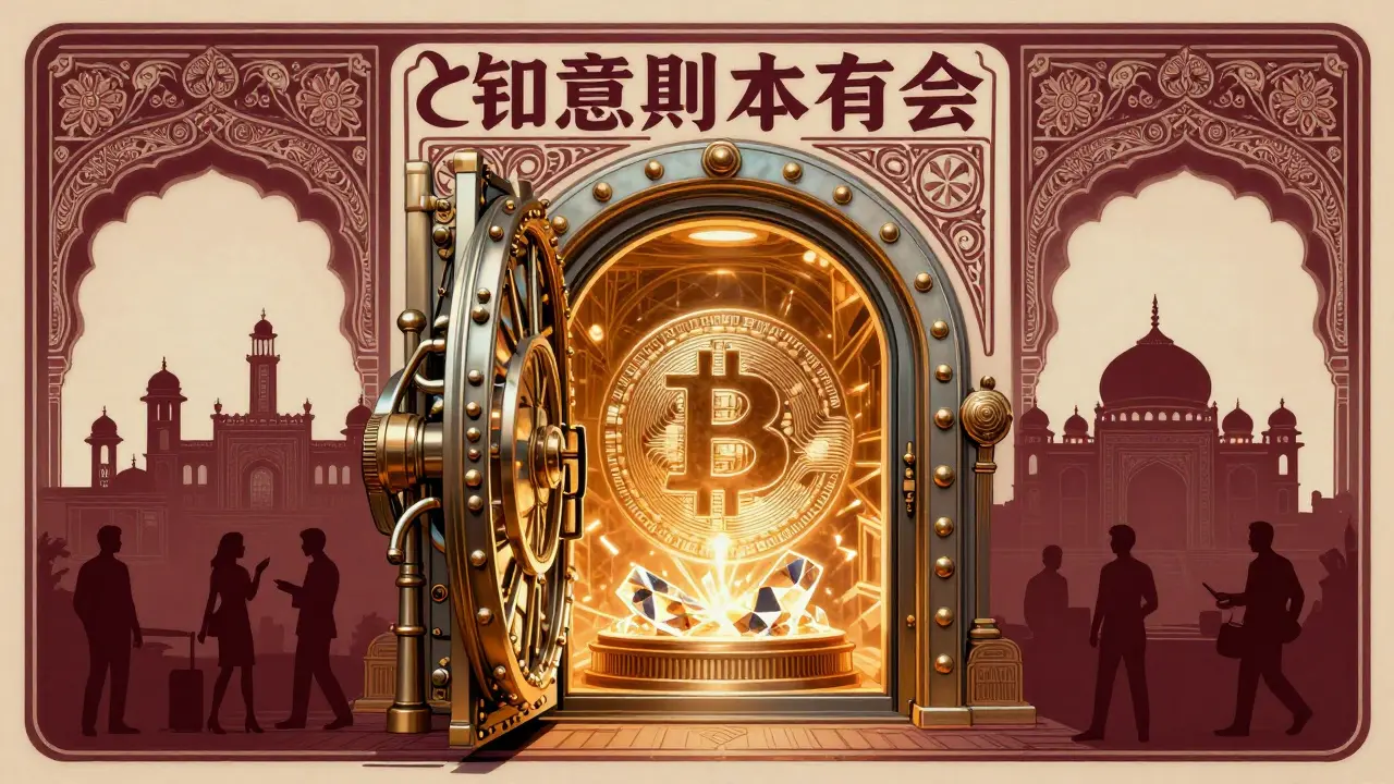 Bóveda futurista con reserva de Bitcoin en estilo ilustración