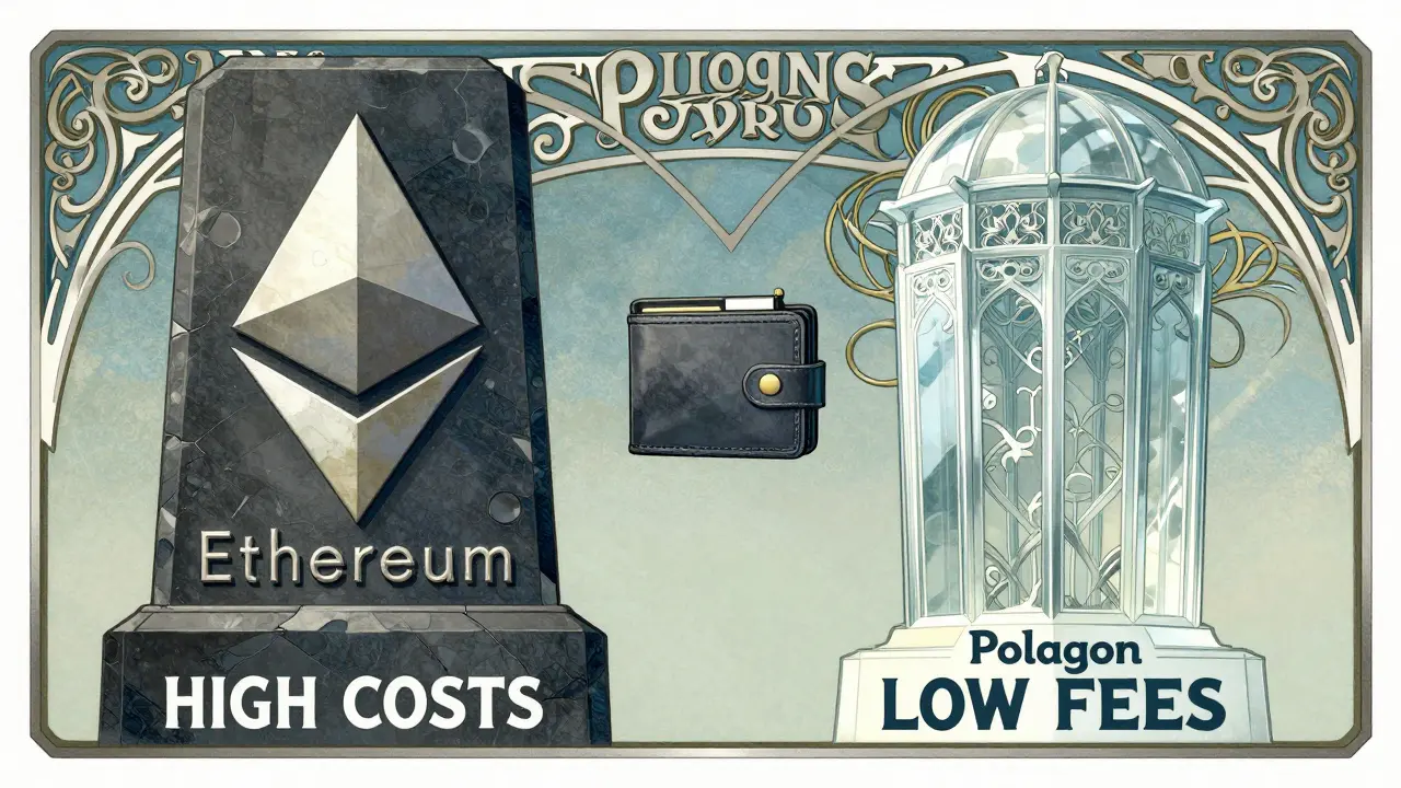 Comparación artística entre redes blockchain Ethereum y Polygon en estilo Art Nouveau