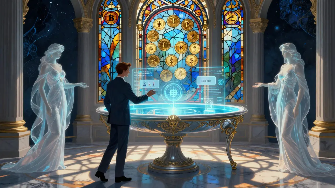 Escena futurista estilo Art Nouveau con interfaz de vidrio tallado representando liquidez concentrada y predicciones de IA en finanzas descentralizadas.