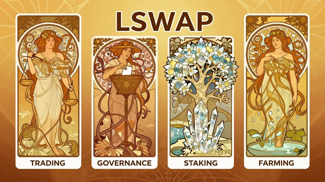 Figuras estilizadas Art Nouveau representando funciones del token LSWAP