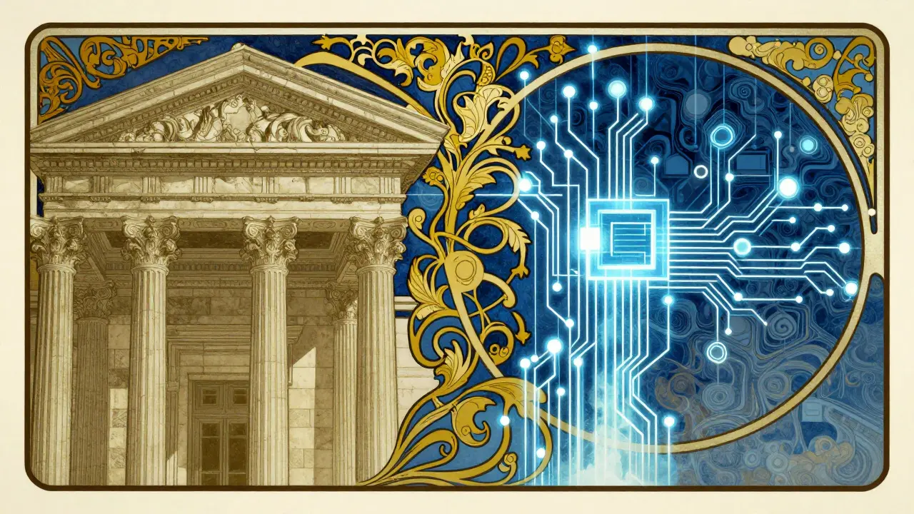 Fusión de arquitectura bancaria clásica y circuitos digitales en estilo art nouveau