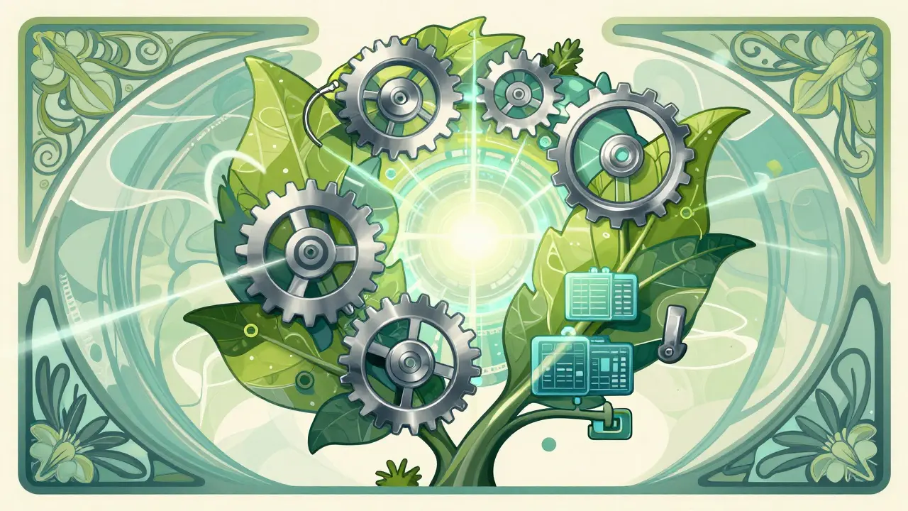 Ilustración de sostenibilidad minera con bloques digitales y hojas