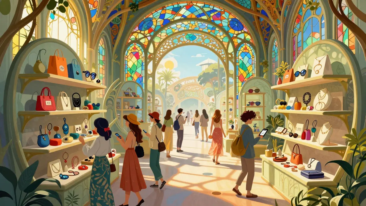 Mercado virtual con avatares y accesorios flotantes en estilo ilustrativo Art Nouveau