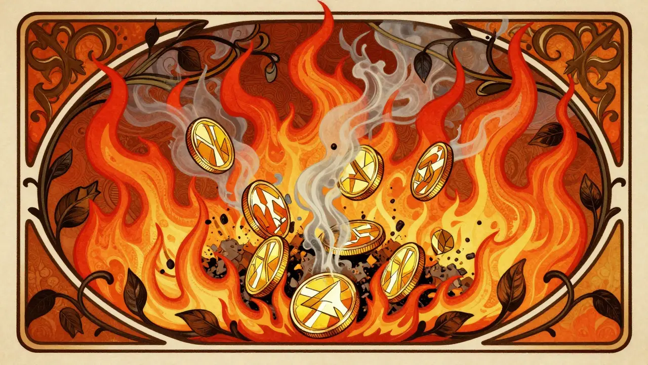 Monedas digitales ardiendo en llamas ornamentales estilo Art Nouveau