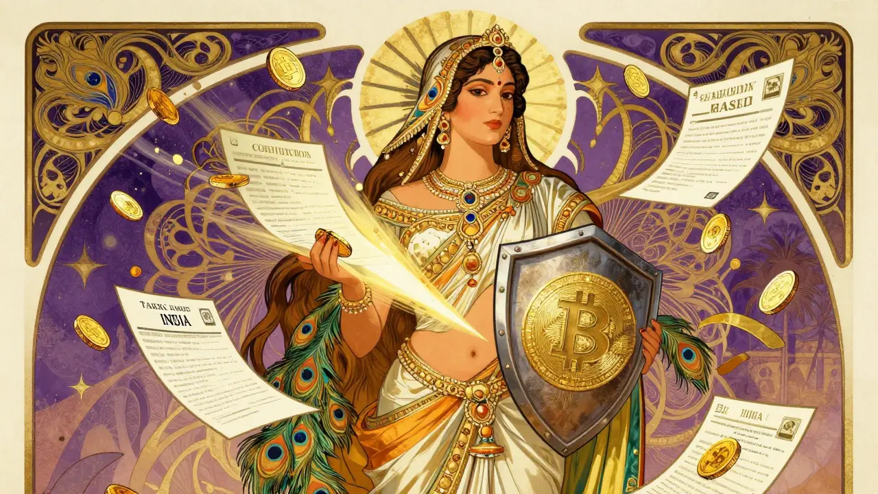 Mujer india simbólica resistiendo impuestos con arte decorativo