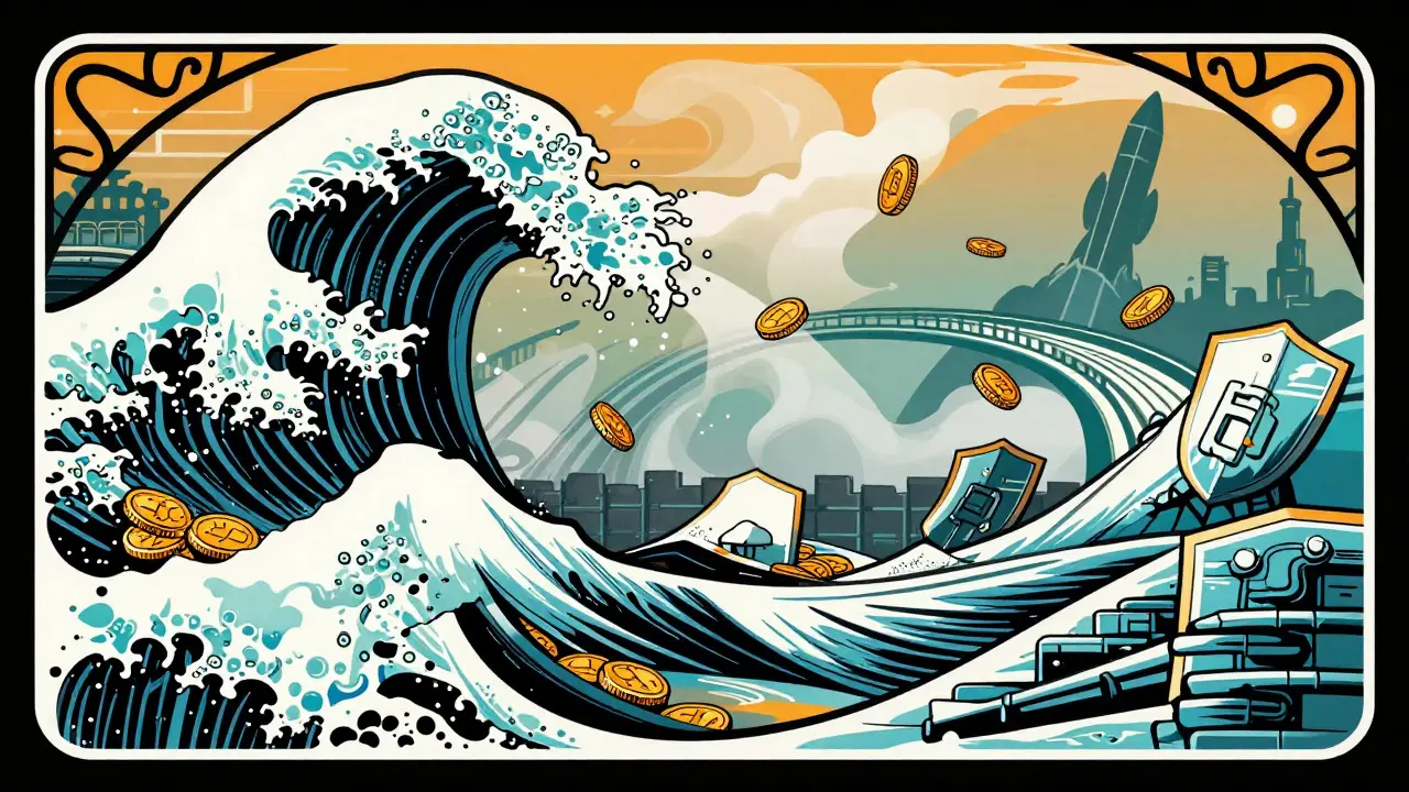 Ola de criptomonedas chocando contra escudos blockchain, estilo publicitario vintage