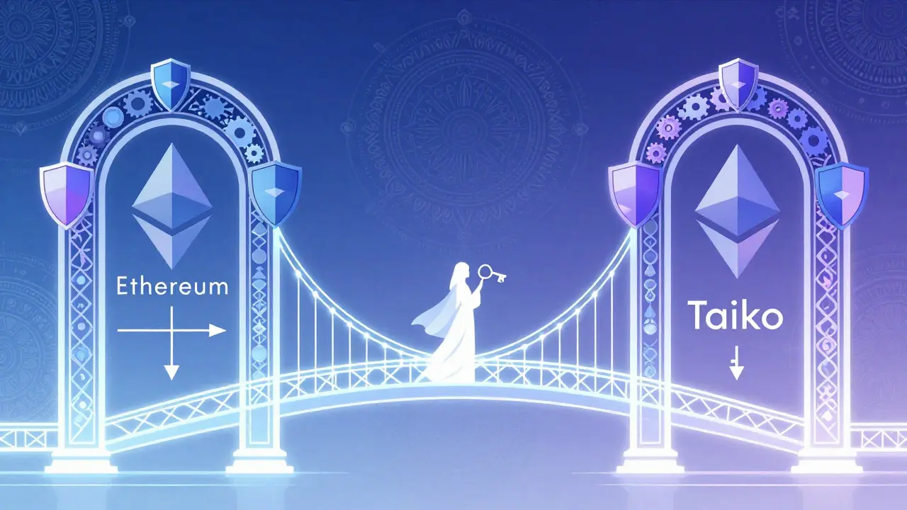 Puente luminoso de seguridad entre dos arcos ornamentales en Art Nouveau