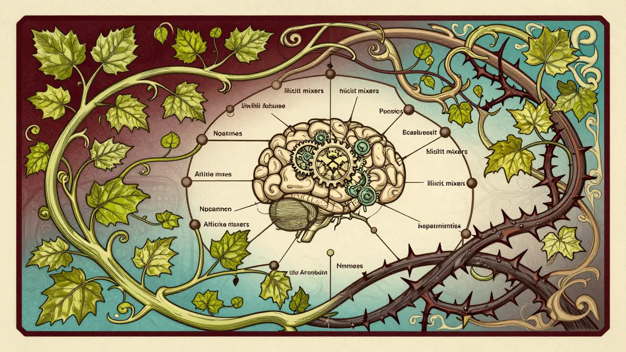 Red de nodos blockchain como enredaderas con un cerebro IA floral central, estilo Art Nouveau