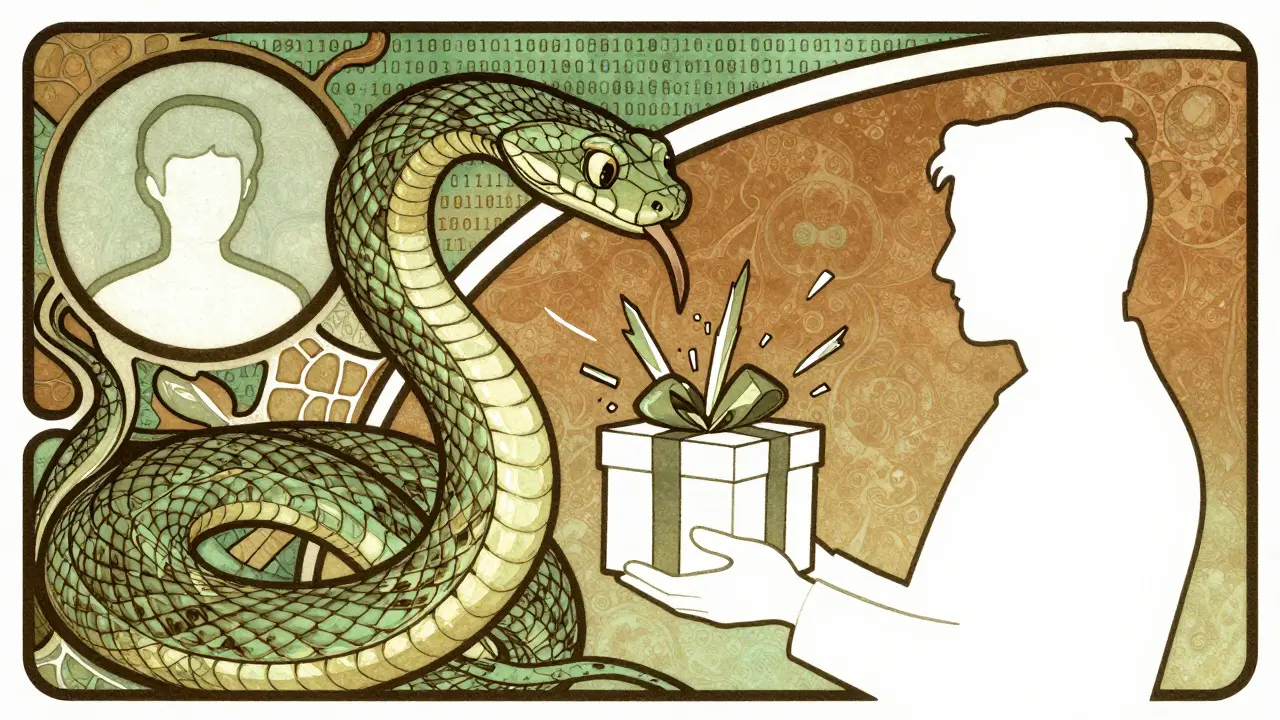 Serpiente digital engañando a un empleado en estilo Art Nouveau