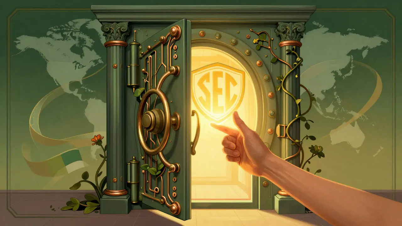 Arte estilo Art Nouveau mostrando la apertura parcial de una bóveda bancaria con luz dorada y un escudo de licencia.