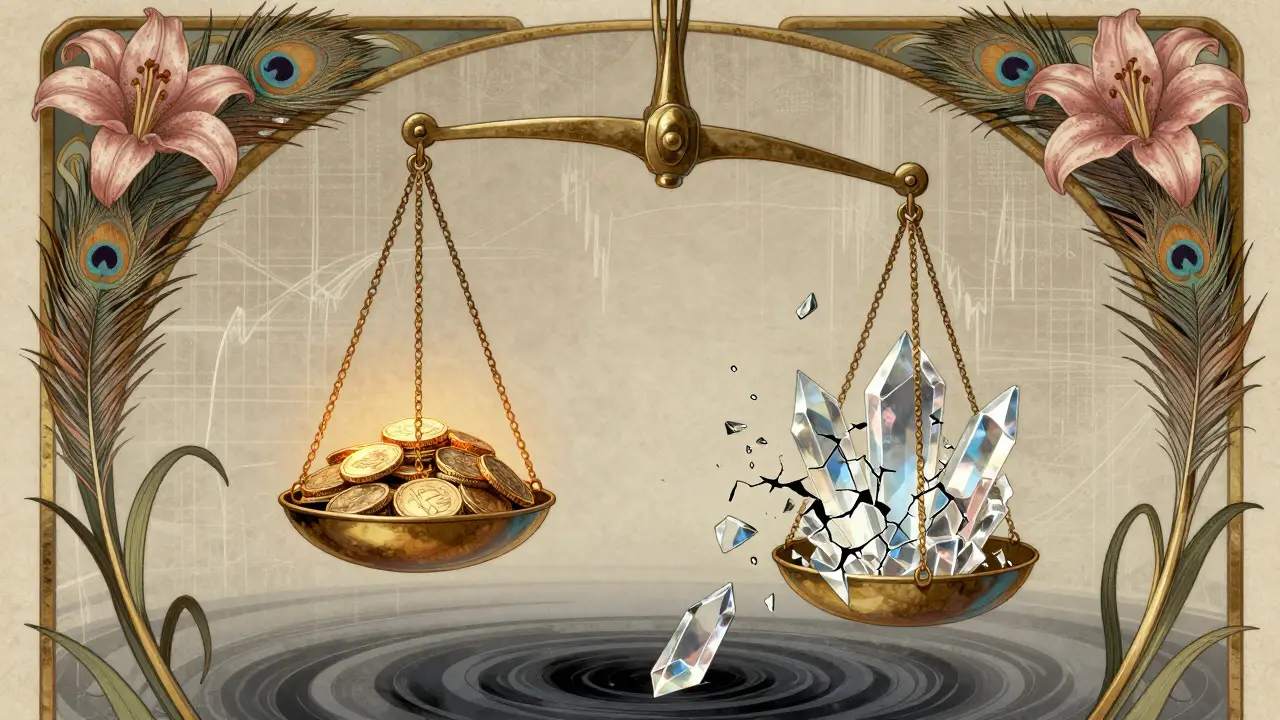 Balanza ornamental con monedas brillantes y cristal fracturado en estilo Art Nouveau, mostrando riesgo financiero