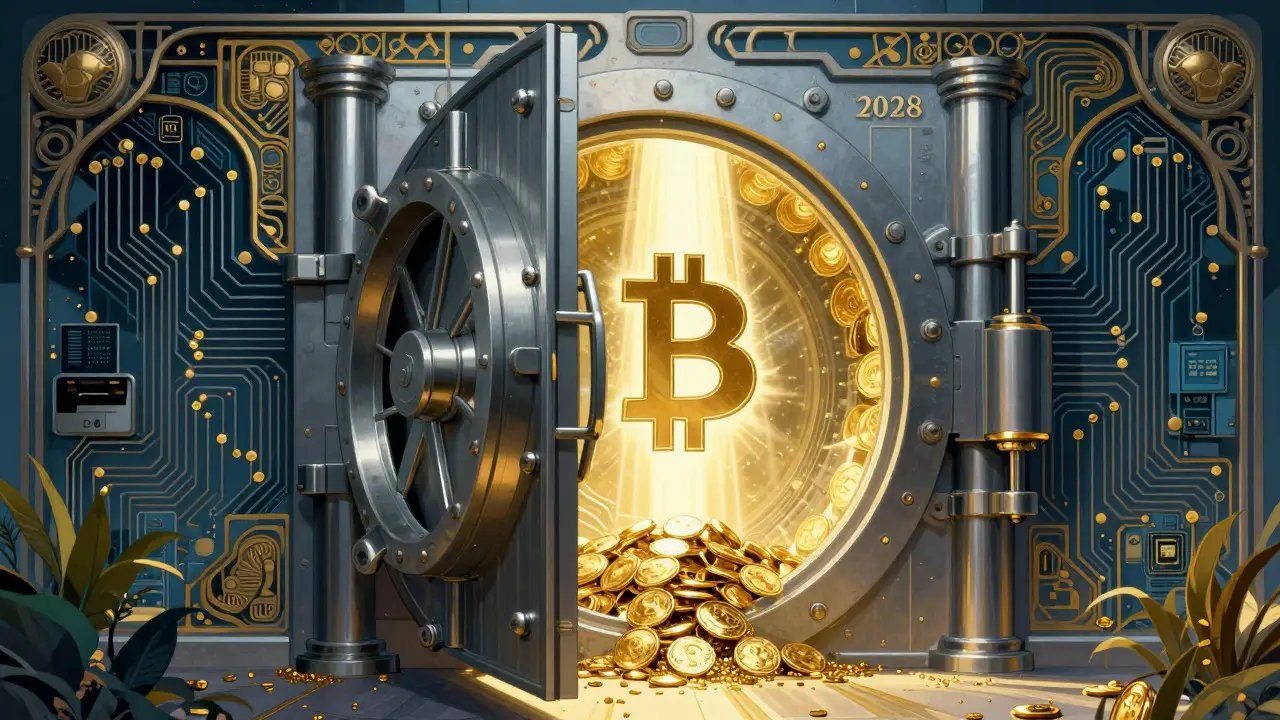 Bóveda futurista abierta revelando un símbolo de Bitcoin brillante y luz dorada