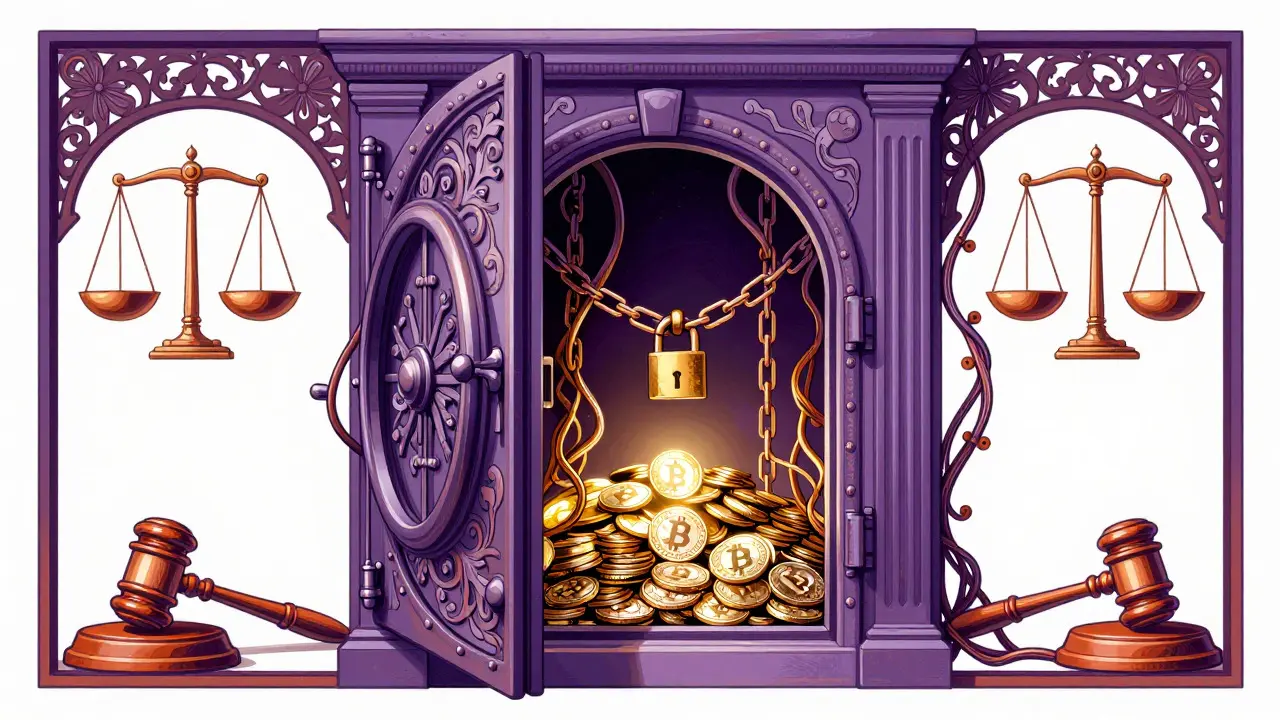 Caja fuerte ornamental con cadenas bloqueando monedas digitales brillantes en arte decorativo