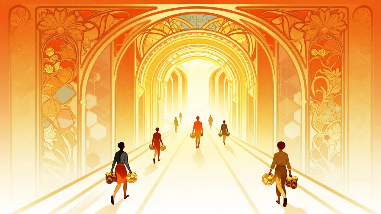 Camino iluminado y eficiente en estilo Art Nouveau que representa las soluciones Layer 2 y el agrupamiento de pagos