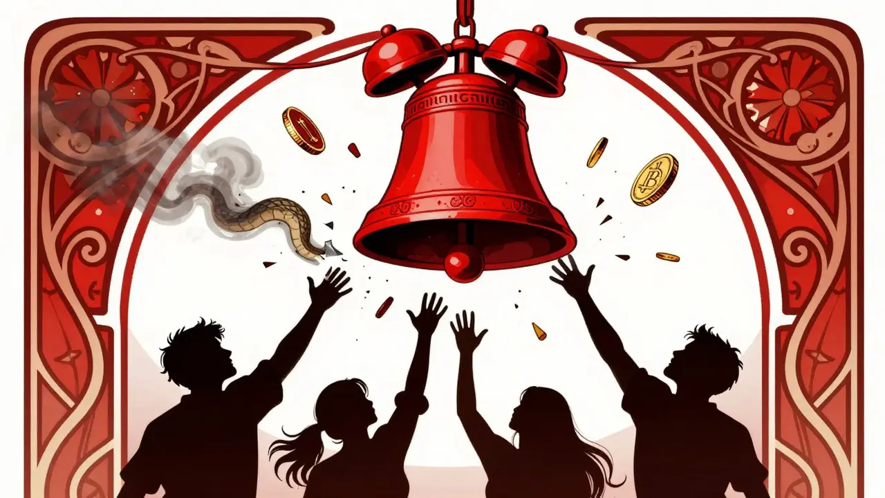 Campana de alerta roja rompiéndose con monedas que se convierten en serpientes