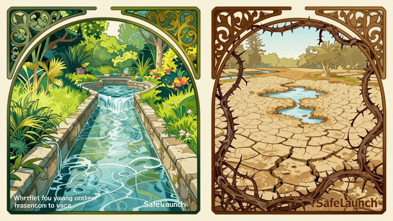 Comparación ilustrada entre un jardín vibrante y tierra agrietada, representando transparencia versus opacidad en cripto