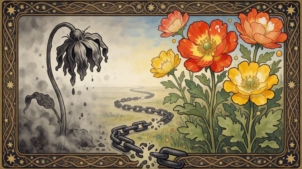 Comparativa visual estilo Art Nouveau entre una flor marchita y flores vibrantes.