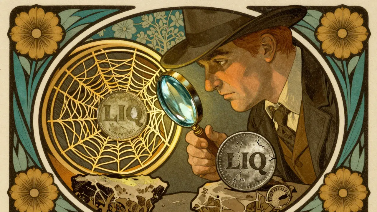 Dibujo Art Nouveau de una figura inspeccionando dos monedas digitales distintas bajo una lupa decorativa.