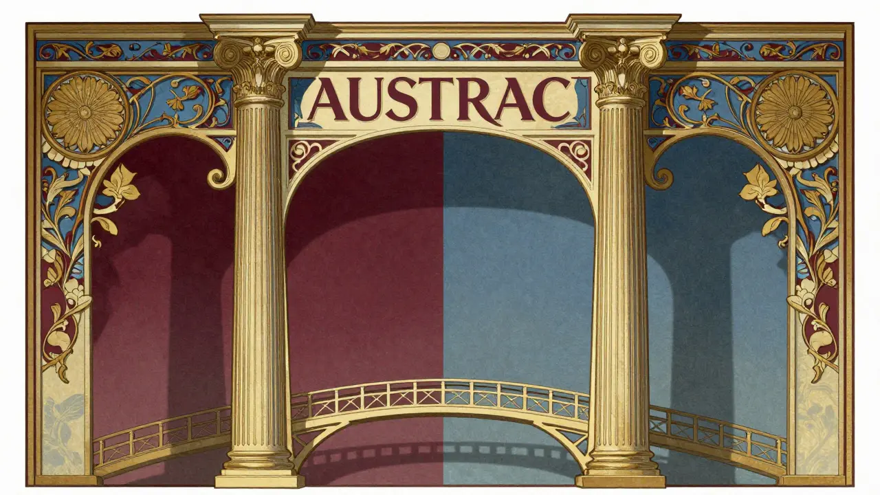 Dos columnas ornamentales simbolizan la distinción entre registros AUSTRAC y licencias AFSL