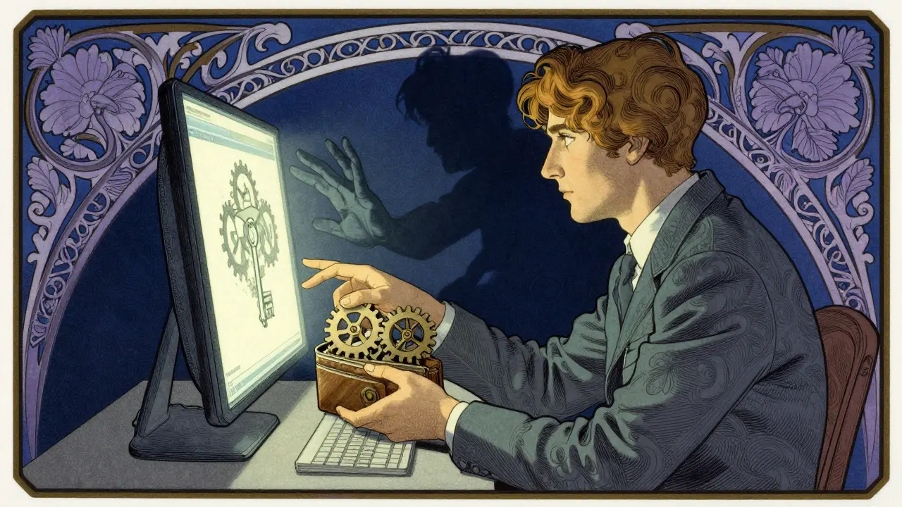 Escena Art Nouveau que muestra la vigilancia contra estafas cripto con sombras amenazantes y un escudo protector.