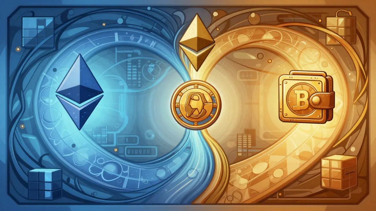 Escena artística que muestra dos rutas convergentes simbolizando las redes Ethereum y BNB en estilo decorativo