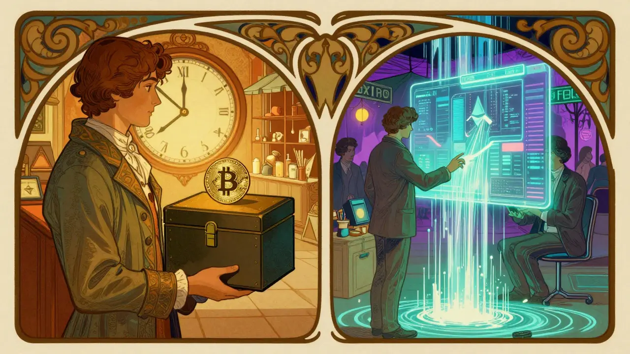 Escena de mercado en estilo Art Nouveau mostrando la experiencia de usuario entre Bitcoin y Ethereum