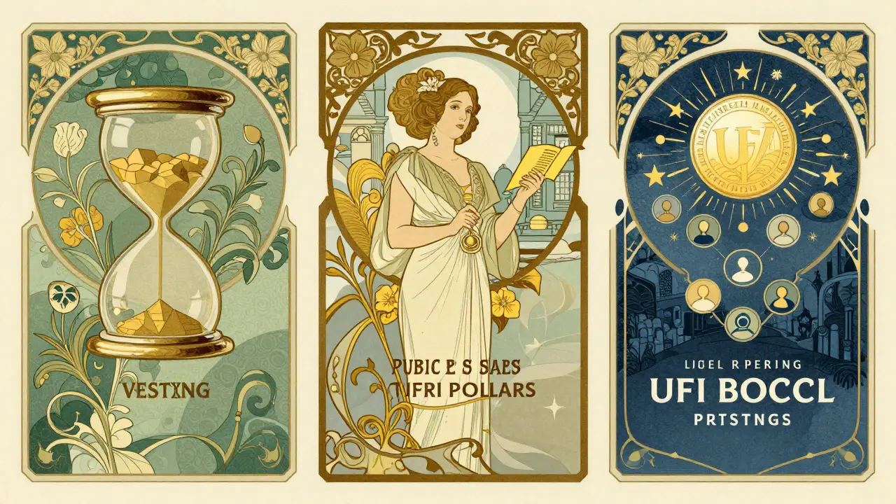 Escena decorativa Art Nouveau que muestra las fases históricas cerradas de distribución del token UFI.
