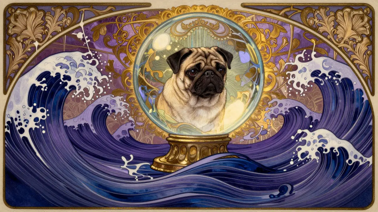 Esfera con un pug flotando sobre olas abstractas en estilo Art Nouveau
