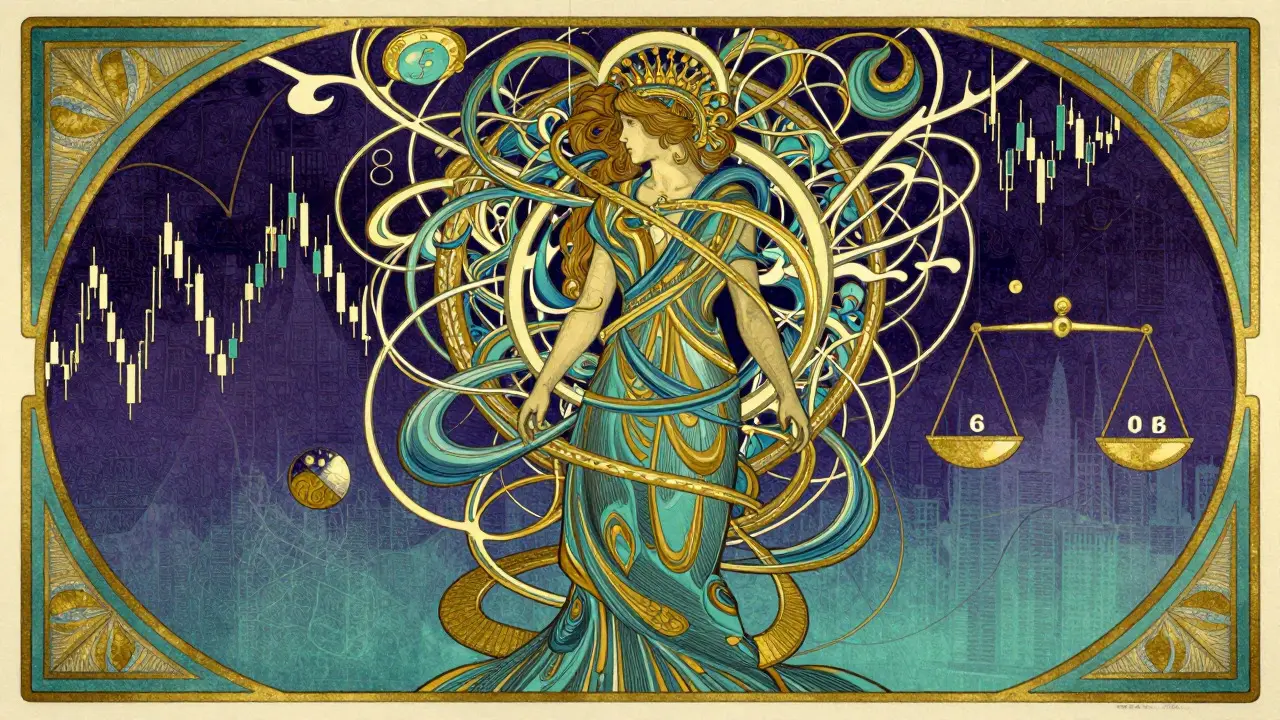 Estilo Art Nouveau mostrando datos confusos y volatilidad en criptomonedas