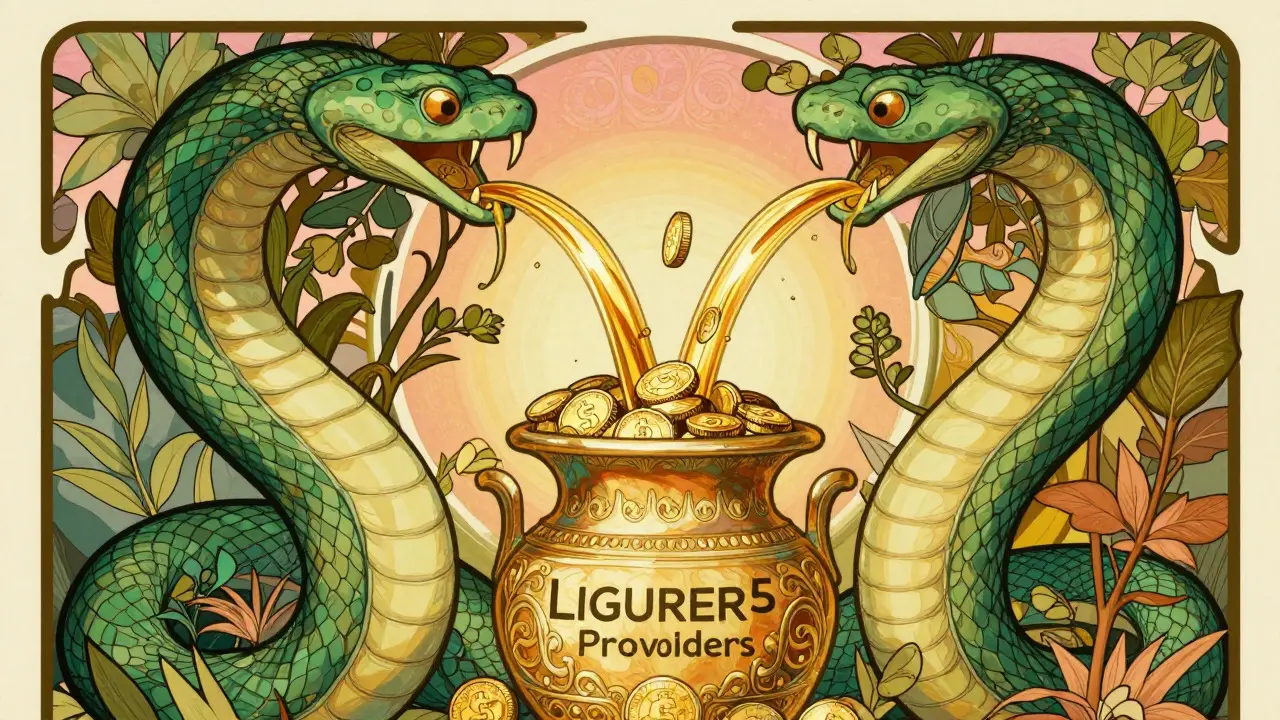 Estilo Art Nouveau mostrando dos flujos entrelazados que convergen en un recipiente dorado con motivos botánicos