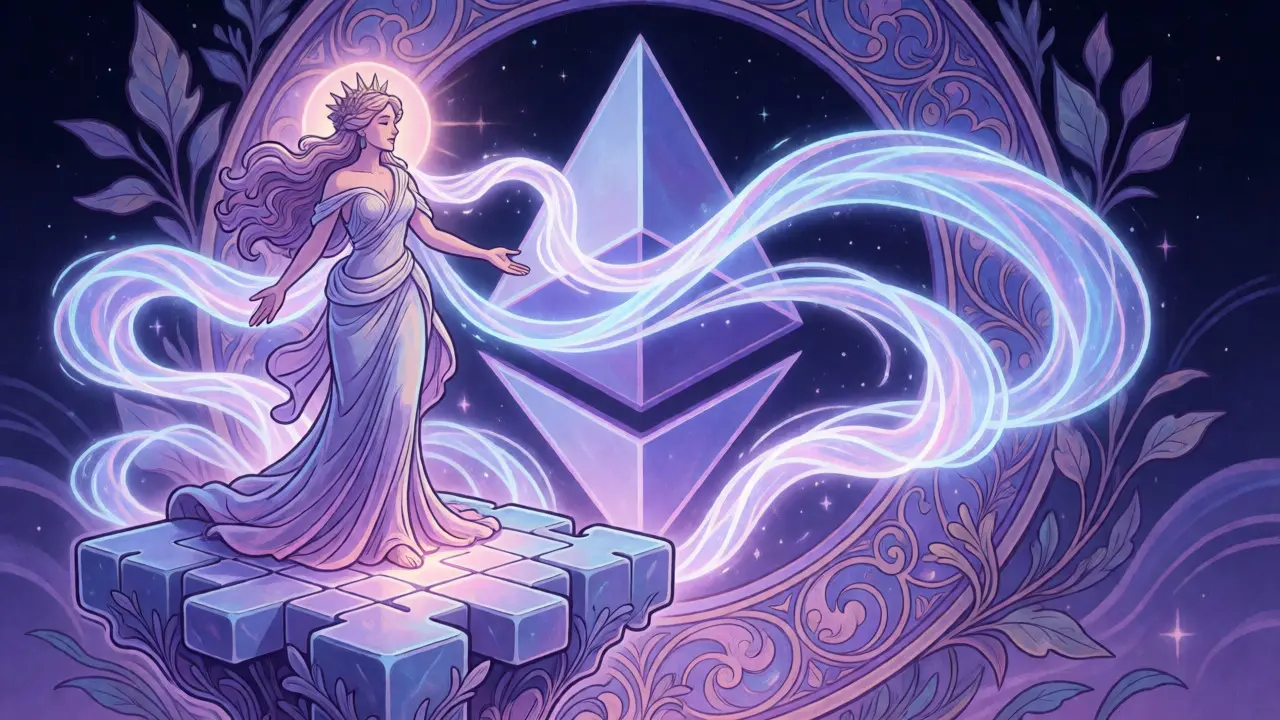 Figura alegórica sobre bloques de cadena de bloques con cintas de luz que representan la tecnología ZKsync y LaChain.