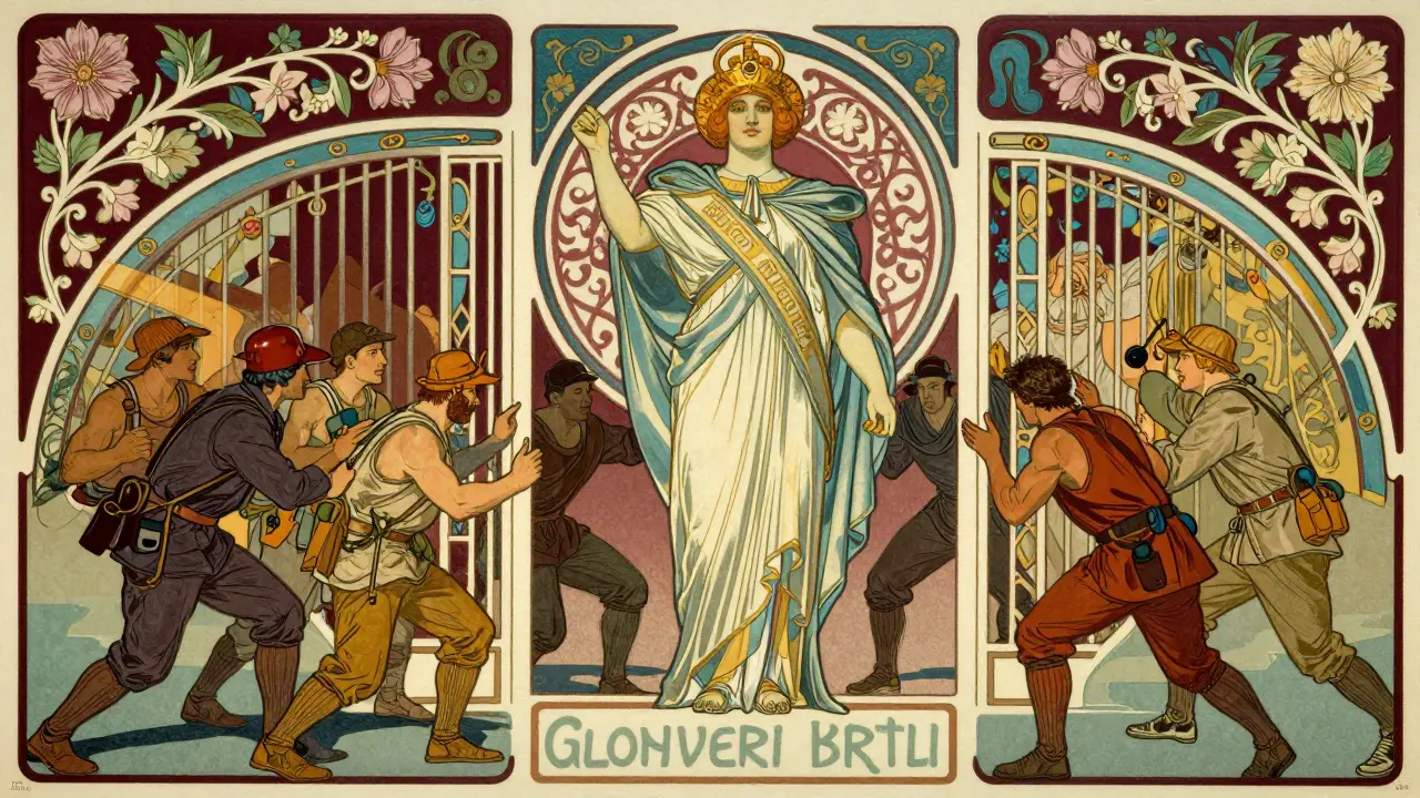 Figura autoritaria bloqueando el paso de minadores independientes en estilo Art Nouveau