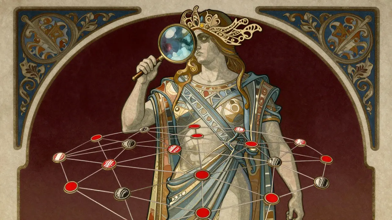 Figura autoritaria con lupa escaneando una red de transacciones en estilo ilustrativo clásico