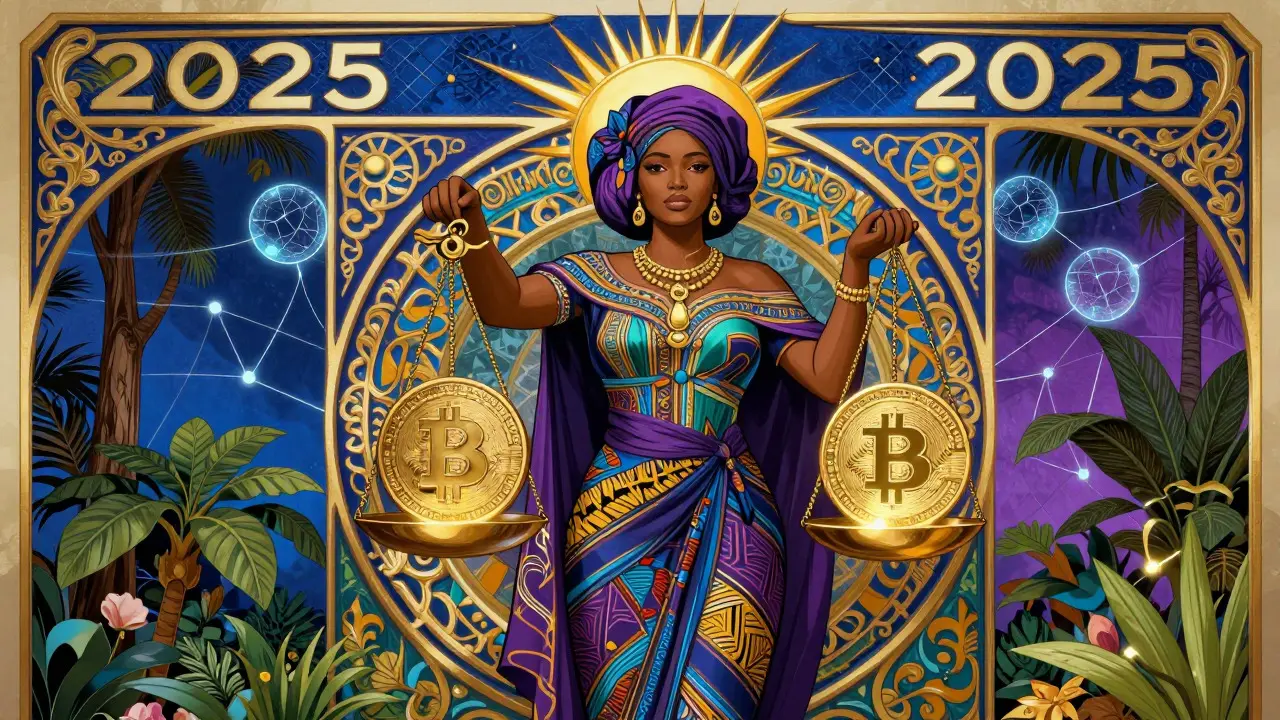 Figura femenina sosteniendo una balanza equilibrada entre moneda física y criptoactivos en entorno Art Nouveau.