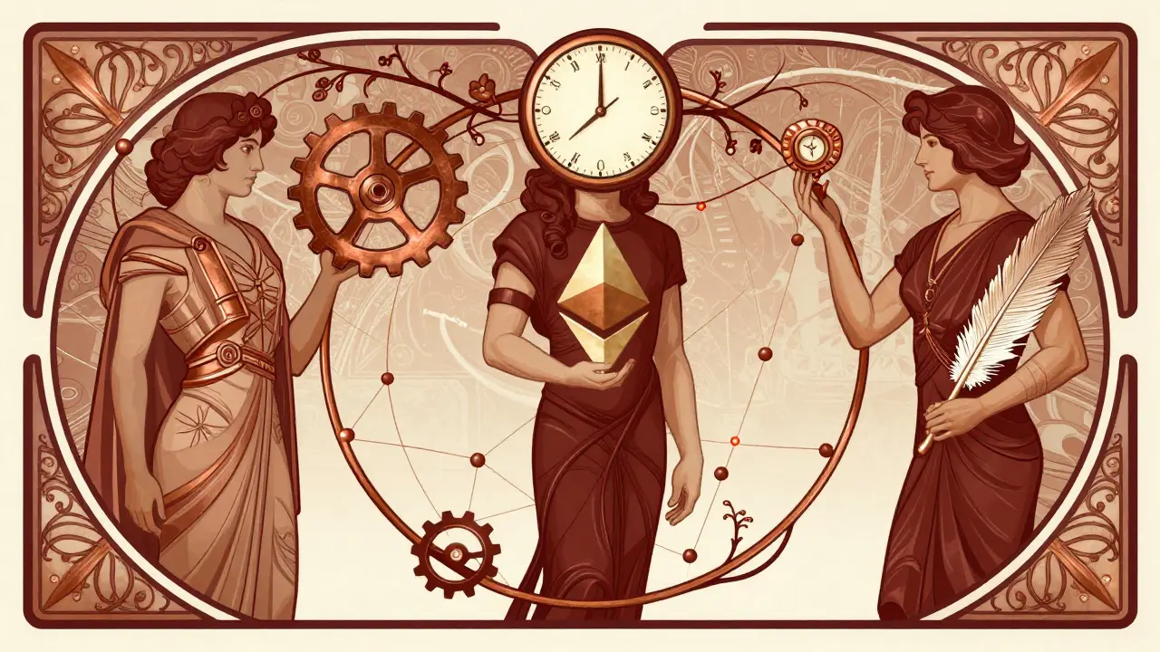 Figuras estilizadas conectadas representando las capas de validación de Ethereum