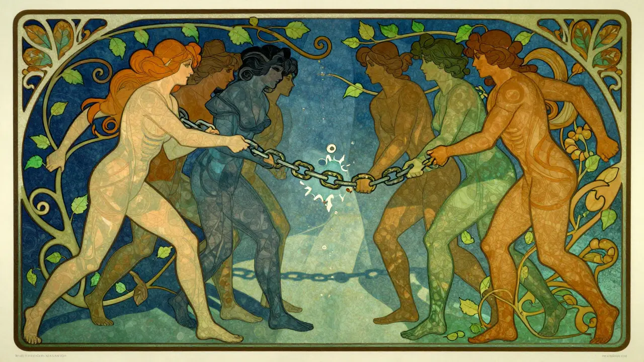 Figuras estilizadas reparando una cadena en arte Art Nouveau