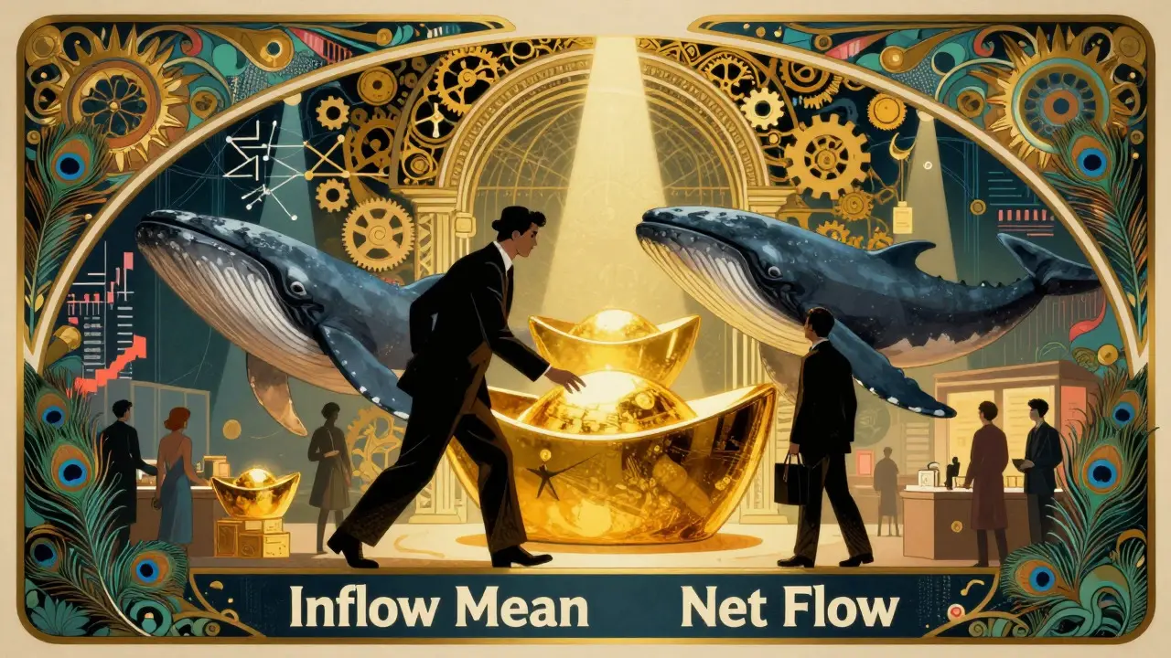 Figuras institucionales moviendo grandes activos cripto en ilustración Art Nouveau